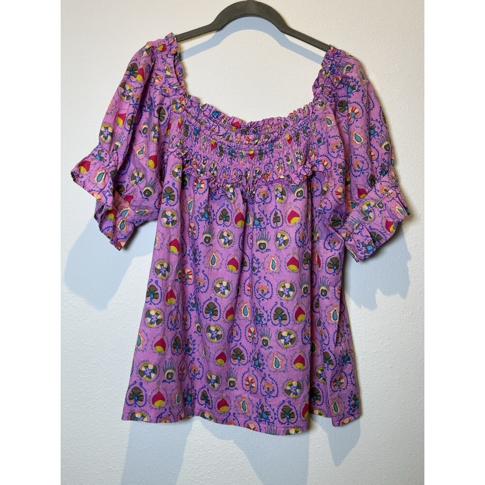 Ivy Jane Lavender Print Smocked S/S Blouse Size Medium Hippie Beatnick